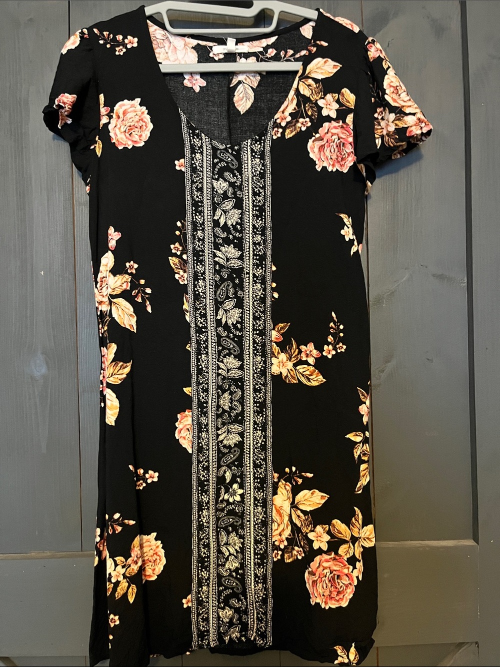Maurices Black Midi Dress with Pink & Cream Floral and Center Border